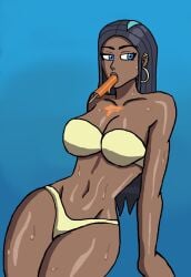 1woman artist_request big_breasts bikini blue_background blue_eyes blue_hair curvaceous curvy_figure dark-skinned_female dark_skin game_freak golden_bikini implied_oral long_hair midriff navel nessa_(pokemon) nintendo pokemon pokemon_ss popsicle popsicle_in_mouth popsicle_melting solo thick_thighs thong voluptuous wet_body wide_hips