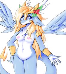 anthro blonde_hair blue_body blue_eyes blue_fur breasts digital_media_(artwork) dragon female fur furred_dragon hair inget konami long_hair navel nipples nude pussy saffira_queen_of_dragons smile solo yu-gi-oh!