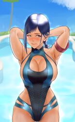 1girls armband arms_behind_head bikini blue_eyes blue_hair blush cleavage_cutout clothing_cutout competition_swimsuit cowboy_shot dead_or_alive dead_or_alive_xtreme dead_or_alive_xtreme_venus_vacation highleg_bikini nervous one-piece_bikini pool reika_(doa) reimei33 sideboob skindentation swimming_pool swimsuit tecmo