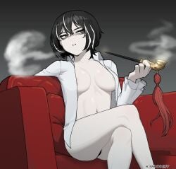 areola_slip areolae big_breasts breasts crossed_legs distortion_detective k3nnyn3v moses_(distortion_detective) no_bra pale_skin panties project_moon sitting smoking thick_thighs thighs