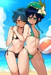 2boys 2femboys ai_generated amber_eyes artist_request beach big_thighs bikini blue_hair blush braid braided_hair bulge cute_bois dark_blue_hair femboy femboy_only genshin_impact girly girly_boy green_eyes holding_hands huge_thighs large_thighs male male_only micro_bikini navel navy_blue_hair otoko_no_ko otokonoko swimsuit thick_thighs thighs tonikaku trap venti_(genshin_impact) voluptuous wide_hips xingqiu_(genshin_impact)