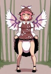 ai_generated diaper lifting_skirt mystia_lorelei presenting sharp_teeth smiling touhou