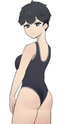 1girls ass black_hair blue_eyes breasts competition_swimsuit female female_only light-skinned_female original short_hair simple_background solo solo_female swimsuit tomboy yellow_glasses_(lewd_glasses)