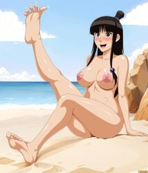 1girls barefoot beach black_hair brown_eyes capcom female female_only foot_fetish gyakuten_saiban long_hair maya_fey movie_reference naked nude nude_female one_leg_up seaside sitting solo tenzen