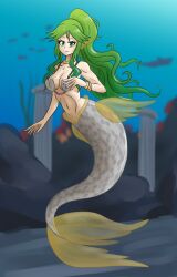 1girls breasts column columns female female_only fin_ears gold_bracelet gold_bracelets gold_jewelry gold_necklace green_eyes green_hair kid_icarus long_green_hair long_hair long_ponytail looking_at_viewer mermaid mermaid_tail monster_girl mythkaz nintendo palutena ponytail shell_bikini solo underwater yellow_fins