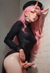 1futa against_wall ai_generated beret black_dress civitai demon demon_futa demon_girl dickgirl dress_lift earrings femboy long_hair looking_at_viewer masturbating masturbation nipple_bulge oni_horns perky_nipples pink_hair pinkubus red_eyes shiny_skin shiny_thighs small_breasts small_penis stable_diffusion tagme