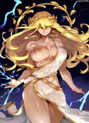 ai_generated blonde_female blonde_hair blonde_hair_female breasts breasts_out genderswap genderswap_(mtf) goddess greek_clothing greek_goddess greek_mythology laurel_crown rule_63 tagme toga zeus zeus_(mythology)