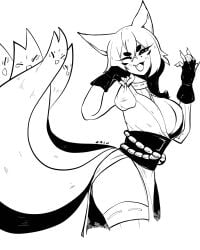 black_and_white fox_ears fox_girl kimono kitsune multi_tail unknown_artist