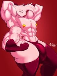 1boy abs angel_dust_(hazbin_hotel) anthro armpits arms_up ass biceps big_ass bulge closed_eyes demon flexing flexing_bicep gloves hands_behind_head hazbin_hotel legwear male male_only mrmelted muscular muscular_male pasties pecs png pose posing solo spider textless thighhighs thunder_thighs