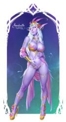 1girls anvalaeth big_breasts blizzard_entertainment elf female heels lingerie looking_at_viewer night_elf purple_skin see-through sheer tagovantor thigh_strap warcraft white_hair world_of_warcraft