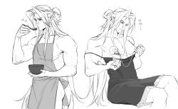 1boy absurdres alternate_costume alternate_hairstyle apron bare_shoulders blowing bottle bowl breast_pump chinese_commentary crossdressing dress final_fantasy final_fantasy_vii food frilled_dress frills green_eyes highres holding holding_bowl lactation long_hair male_focus male_only manly_crossdresser milk milk_bottle milking_machine miso_soup multiple_views naked_apron nipples open_mouth parted_lips pectorals recalderzhi self_milking sephiroth sitting slit_pupils soup sweat toned toned_male