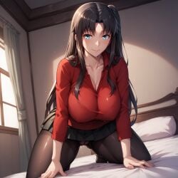 adult_female ai_generated big_breasts black_hair blue_eyes horny on_bed side_ponytail tohsaka_rin