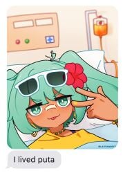 1girl bed brazil brazilian brazilian_female brazilian_miku brown-skinned_female brown_skin cyan_eyes cyan_hair dark-skinned_female dark_skin female female_only flower flower_in_hair green_nails hatsune_miku hospital i_lived_bitch latin_american_hatsune_miku_(meme) latina lazymon long_hair looking_at_viewer multicolored_nails portuguese_text rectangular_earrings red_flower selfie shirt solo solo_female sunglasses sunglasses_on_head tan-skinned_female tan_skin tied_hair twintails twitter vocaloid yellow_nails yellow_shirt