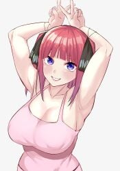 1girls ai_generated armpits arms_behind_head big_breasts blue_eyes breasts busty cleavage covered_erect_nipples double_v female female_only go-toubun_no_hanayome grin highres large_breasts legs looking_at_viewer medium_hair midriff nail_polish nakano_nino pose posing red_hair sensual sexy_armpits sexy_pose shirt sideboob sleeveless sleeveless_shirt smile smiling solo thighs v voluptuous