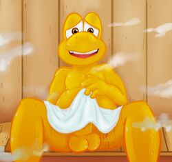 anthro balls biped bodily_fluids digital_media_(artwork) erection genital_fluids koopa koopa_troopa looking_at_viewer male male_only mario_(series) nintendo nude penis precum sauna scalie seamaster sitting solo steam sweat towel video_games