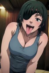 ai_generated bare_shoulders big_breasts black_hair blue_eyes breasts chainsaw_man clothed eye_patch female_only himeno_(chainsaw_man) large_breasts light-skinned_female tongue tongue_out voreai