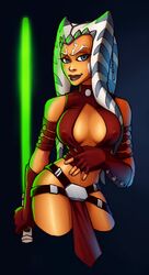 1girls ahsoka_tano alien alien_girl alternate_costume alternate_outfit armband armlet armwear background big_lips black_legwear blue_background blue_eyes breasts cleavage cleavage_cutout clone_wars clothed clothed_female cowboy_shot facial_markings female female_only fingerless_gloves front_view gloves green_lightsaber hagfish happy holding_object holding_sword holding_weapon horn humanoid large_breasts legwear lightsaber lips loincloth looking_at_viewer melee_weapon midriff nipple_bulge orange_body orange_skin red_clothing simple_background skimpy smile solo standing star_wars sword tentacle tentacle_hair the_clone_wars:_season_four thighhighs togruta weapon