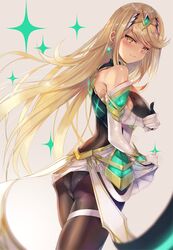 1girls armor bangs bare_shoulders blonde_female blonde_hair blush breasts covering covering_breasts earrings elbow_gloves female gloves headpiece hinot jewelry large_breasts long_hair mythra_(xenoblade) nintendo panties skirt smile solo swept_bangs thigh_strap tiara underwear xenoblade_(series) xenoblade_chronicles_2 yellow_eyes