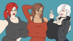 alternate_breast_size athorment athorment_oc big_breasts brown_hair brown_skin evelyn_(athorment) evelyn_(athorment)_(female) glasses huge_breasts hyper_breasts jade_(raindle) nipple_bulge raindle_oc red_hair selfie smile stephanie_(bonta) tagme