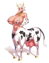 abs areola_slip bare_shoulders bikini bikini_top_only blush bovid bovid_taur bovine bovine_taur breasts bucentaur cattle centaur collar collarbone covered_nipples cow_ears cow_girl cow_horns cow_print cow_print_bikini cow_tail cow_taur cowbell dark-skinned_female dark_skin elbow_gloves female full_body grin hands_on_own_hips hatch24601 hathor_(last_origin) hooves horns huge_breasts huge_nipples last_origin looking_at_viewer micro_bikini monster_girl multicolored_hair navel nipples pointy_ears print_bikini purple_eyes short_hair simple_background smile solo standing taur udders white_background white_hair