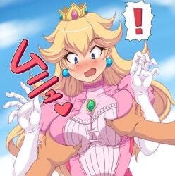 ! 1girls 1other blonde_hair blue_eyes blush breast_grab breasts crown curvy dress earrings elbow_gloves gloves grabbing_another's_breast heart kihaiu long_hair mario_(series) nintendo open_mouth pink_dress plump princess_peach ribbed_sweater sweat white_gloves