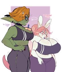 ... 2girls anthro between_breasts big_breasts black_sclera blue_eyes breast_envy chikkibug cleavage drinking female female_only freckles glasses goblin goblin_female green_skin hands_on_hips heart hi_res huge_breasts lagomorph leporid long_ears mole mole_under_eye object_between_breasts orange_hair pointy_ears red_hair round_glasses sketch smile sportswear thick_thighs tied_hair