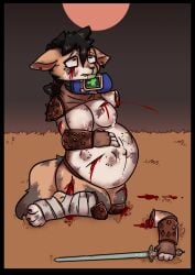 abortion amputee anthro asphyxiation belly big_belly black_hair blood bodily_fluids breast_milking breasts canid canine canis choking crowskull disability dismemberment ear_piercing exposed_bone fallout female furry gore guro hair hi_res knife lactating mammal melee_weapon milk missing_arm neck_grab orange_eyes pain piercing pip-boy pregnant scratches severed_arm severed_body_part severed_limb snuff strangling suffering sword tail teeth unborn_kicking weapon wolf wounded