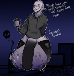 anthro balls big_balls butt_scratch clothing cock_vore coffee_cup container cup dialogue digestion dragon footwear genitals hi_res hoodie huge_balls hyper hyper_balls hyper_genitalia ku(salamanderku) legwear looking_down male markings mythological_creature mythological_scalie mythology penile penis saggy_balls scales scalie shnuckshnuck skull_symbol socks solo spots spotted_markings thigh_highs thigh_socks topwear vore white_body white_scales yellow_eyes