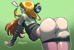 1girls ass big_ass big_butt booty female glasses green_background haysey_draws headphones long_hair looking_back orange_hair panties persona persona_5 petite red_eyes sakura_futaba shorts_down showing_ass surprised white_panties