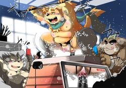 2017 anal anal_sex anthro anus ashigara ass belly blush brown_body brown_fur canid canine canis chibineco cu_sith_(tokyo_afterschool_summoners) detailed_background dildo domestic_dog fur group japanese_text male male_only mammal moobs moritaka nipples overweight overweight_male penetration phone scar sex_toy teeth text tokyo_afterschool_summoners tongue tongue_out ursid video_games