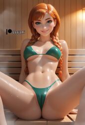 ai_generated anna_(frozen) bikini blue_eyes blush blush cameltoe cheeky freckles freckles_on_face frozen_(film) ginger green_bikini hair_braid hair_braids jaajaai long_hair missionary_position sauna seducing seductive seductive_look seductive_pose seductive_smile smile smirk steamy sweat sweating sweaty wet wet_body wet_skin