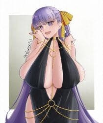 1girls artist_name bare_shoulders bb_(fate) bb_dubai_(fate) braid breasts breasts_bigger_than_head busty center_opening cleavage color dress fate/grand_order fate_(series) female female_only gigantic_breasts hair_ribbon huge_breasts long_hair looking_at_viewer navel nekoreset13 open_mouth painted_nails purple_eyes purple_hair smile solo tied_hair wide_hips