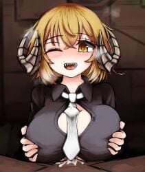 1boy 1girls big_breasts blonde_hair blush censored cum_between_breasts cum_on_clothes don_quixote_(limbus_company) horns limbus_company looking_at_penis one_eye_closed open_mouth paizuri partially_clothed penis presenting project_moon sharp_teeth short_hair smile tie tongue_out touko_olivia yellow_eyes