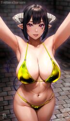 armpits bikini breasts closed_mouth demon_girl demon_horns feet_out_of_frame female groin highres hime-sama_"goumon"_no_jikan_desu horns large_breasts lipstick looking_at_viewer makeup nail_polish navel purple_bikini red_eyes shiny_skin smile solo stomach swimsuit syow-maru tortura_torture torture_tortura