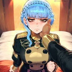 1boy ai_generated bags_under_eyes bedroom black_male blue_hair brown_eyes crown_braid female fire_emblem:_three_houses garreg_mach_monastery_uniform hand_on_another's_face indoors marianne_von_edmund novelai sad sidelocks