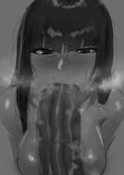 1boy blowjob blush breasts dark-skinned_male dark_skin deep_blowjob deepthroat fellatio female furaido_potato gigantic_penis girls_und_panzer huge_cock impossible_fit large_penis light-skinned_female light_skin male mature_female milf monochrome nishizumi_shiho nude penis pov straight stroking_penis sweat