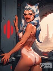 ahsoka_tano ai_generated ass ass_focus female female_focus female_only from_back full_body looking_at_viewer looking_back nipples owlai patreon smile star_wars star_wars:_the_clone_wars tan_body tan_skin tanline