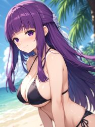 ai_assisted ai_generated bare_arms bare_belly bare_shoulders beach big_breasts bikini black_bikini blush breasts cleavage closed_mouth collarbone fern_(sousou_no_frieren) hair_ornament long_hair ocean outdoors purple_eyes purple_hair sakura_locked shiny_skin side-tie_bikini_bottom sideboob smile sousou_no_frieren underboob