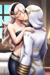 ai_generated belt black_pants black_strapless corrin_(fire_emblem) corrin_(fire_emblem)_(female) fingerless_gloves fire_emblem fire_emblem_fates fire_emblem_heroes from_behind height_difference jeans kiran_(fire_emblem) kissing midriff nai_diffusion stable_diffusion strapless