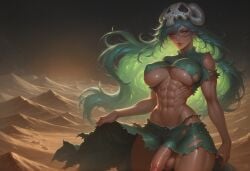 abs ai_generated bleach desert futadiffusion futanari green_eyes green_hair large_breasts large_penis muscular muscular_futanari nelliel_tu_odelschwanck night red_face_paint skull torn_clothes