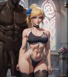 1boy 1girls ai_generated blacked blacked_clothing blonde_hair blue_eyes breasts crystal_rose_lux crystal_rose_series dark-skinned_male dark_skin faceless_male female interracial large_penis league_of_legends league_of_legends:_wild_rift light-skinned_female light_skin luxanna_crownguard male muscular_male narrow_waist precum queen_of_spades queensphynx riot_games smiling_at_viewer smirk standing wide_hips