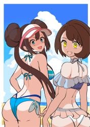 2girls absurdres alternate_costume beach bikini creatures_(company) doughnut_hair_bun game_freak gloria_(pokemon) hair_bun highres mukuhookusuki multiple_girls nintendo pokemon pokemon_bw2 pokemon_ss rosa_(pokemon) swimsuit water