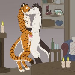 anthro canid canine closed_eyes duo felid frottage genitals handjob handjob_frottage hi_res kissing lady-darkstreak male male/male mammal nude pantherine penile penis sex side_view standing tiger