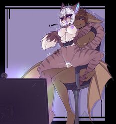 anthro bat big_ears blush bodily_fluids breasts brown_body brown_fur brown_hair casual_sex chair chair_position chiropteran controller cum cum_in_pussy cum_inside dialogue domestic_cat facial_piercing felid feline felis female freckles from_behind_position fur furniture genital_fluids hair heterochromia hi_res male mammal membrane_(anatomy) membranous_wings nipples nose_piercing nose_ring nude penetration piercing pussy sex sitting straight television tongue tongue_out underthedarkness vaginal_penetration video_games white_hair wings