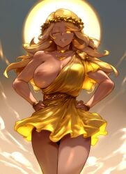 1female 1girls ai_generated apollo_(mythology) blonde_female blonde_hair blonde_hair_female breasts breasts_out deity european_mythology female goddess greek_mythology mythology public_domain rule_63 yellow_dress