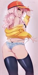 1girls ass belle_delphine big_ass blush cap cleavage cosplay costume covered_nipples digital_media_(artwork) female female_focus female_only hat jacket jeans legs legwear long_hair looking_at_viewer looking_back merunyaa outfit pasties pink_hair pose posing shorts sideboob simple_background skimpy solo solo_female solo_focus standing taped_nipples thick_thighs thighhighs thighs thong tight_clothing tight_fit