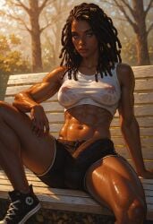 1futa abs ai_generated athletic athletic_futanari biceps big_bulge big_penis blue_eyes blush breasts bulge bulge_through_clothing collarbone converse converse_shoes dark-skinned_futanari dark_skin dreadlocks earrings exposed_midriff exposed_thighs futanari gym_shorts large_penis medium_breasts muscular muscular_futanari santarvengar see-through_clothing see-through_top short_shorts shorts sports_bra sportswear stable_diffusion staring_at_viewer sweat sweating sweaty tagme wet_clothes wet_clothing