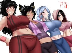 amber_eyes artist_signature belly_button big_breasts black_hair breasts cat_ears ear_piercing hand_on_hip headphones headwear hood kali_belladonna leggings looking_at_viewer looking_down midriff milf nipple_bulge nipples_visible_through_clothing pink_hoodie raven_branwen red_eyes rooster_teeth rwby shorts silver_eyes smile smiling suicidetoto summer_rose tank_top towel track_pants track_shorts viz_media white_hair willow_schnee