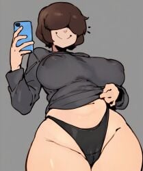 ai_generated black_panties breasts brown_hair cameltoe cellphone clothes_lift covered_eyes covered_nipples curvy female grey_background hair_over_eyes holding holding_phone large_breasts lifted_by_self long_sleeves milkyslice navel original original_character panties phone plump selfie shirt short_hair simple_background smartphone smile solo thick_thighs thighs underwear