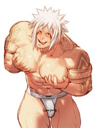 1boy abs arched_back arm_tattoo bara biceps big_pecs bulge daddy dilf facepaint fundoshi fundoshi_only gomtang grabbing_own_breasts hands_on_chest holding_chest human human_only jiraiya jockstrap looking_at_viewer male male_focus male_only manboobs mature mature_male moobs muscle muscles muscular muscular_male muscular_thighs naruto naruto_(classic) naruto_(series) naruto_shippuden older older_male pec_grab pec_grasp pecs pectorals simple_background six_pack solo solo_focus solo_male spiked_hair spiky_hair standing tattoo_on_neck tattoos teeth teeth_showing thick_thighs tongue tongue_out topless underwear underwear_only white_background white_hair white_jockstrap white_underwear